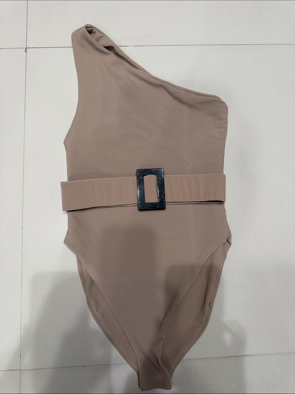 One-Shoulder Tan Women’s Swim Bodysuit with Matching Belt